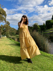 Yellow Linen Gingham Tier Dress Size 10