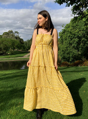 Yellow Linen Gingham Tier Dress Size 10