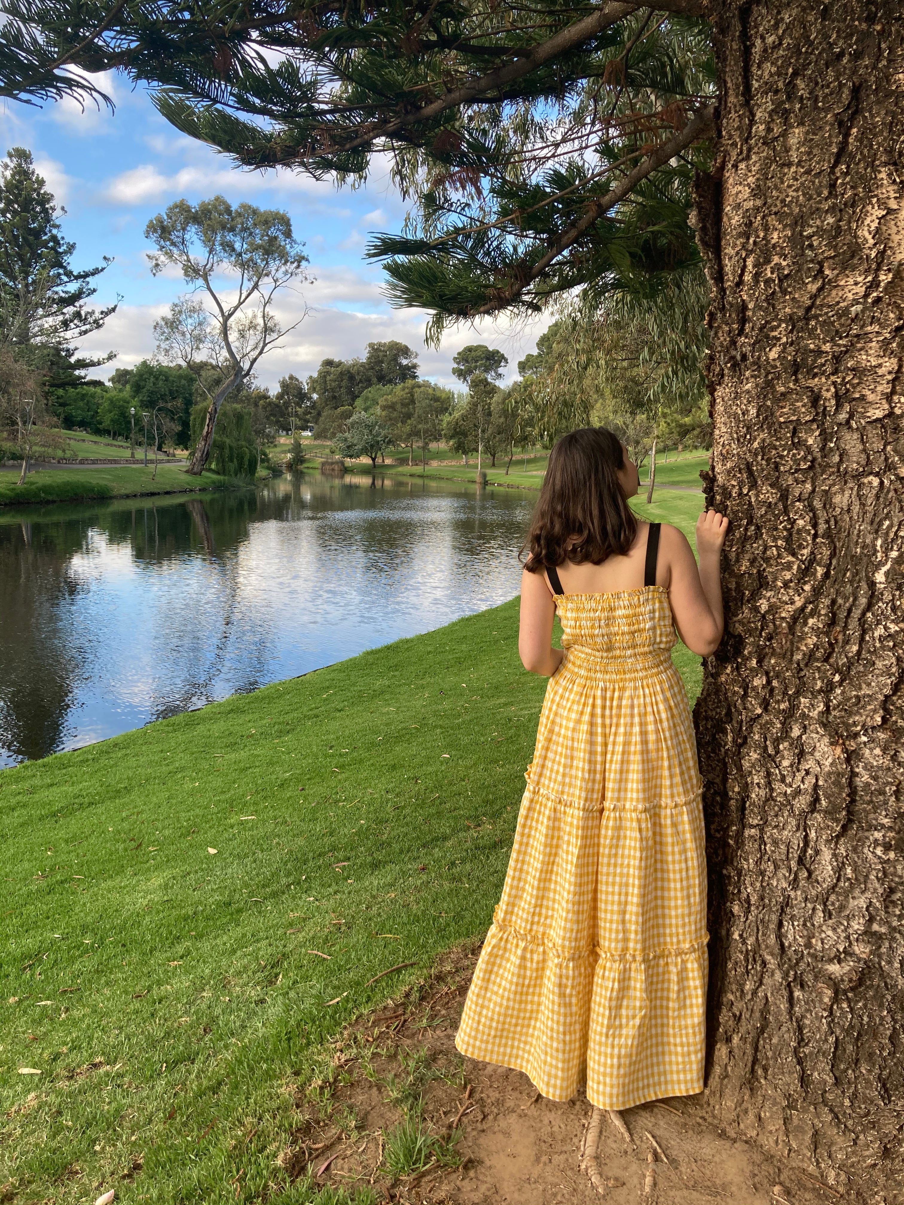 Yellow Linen Gingham Tier Dress Size 10
